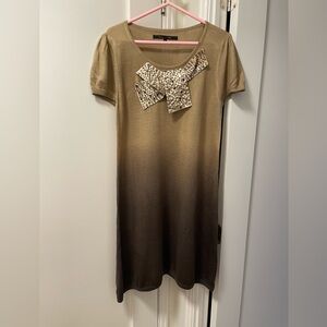Stylish Brown Ombre Silk Knit Dress with Beaded Bow Accent